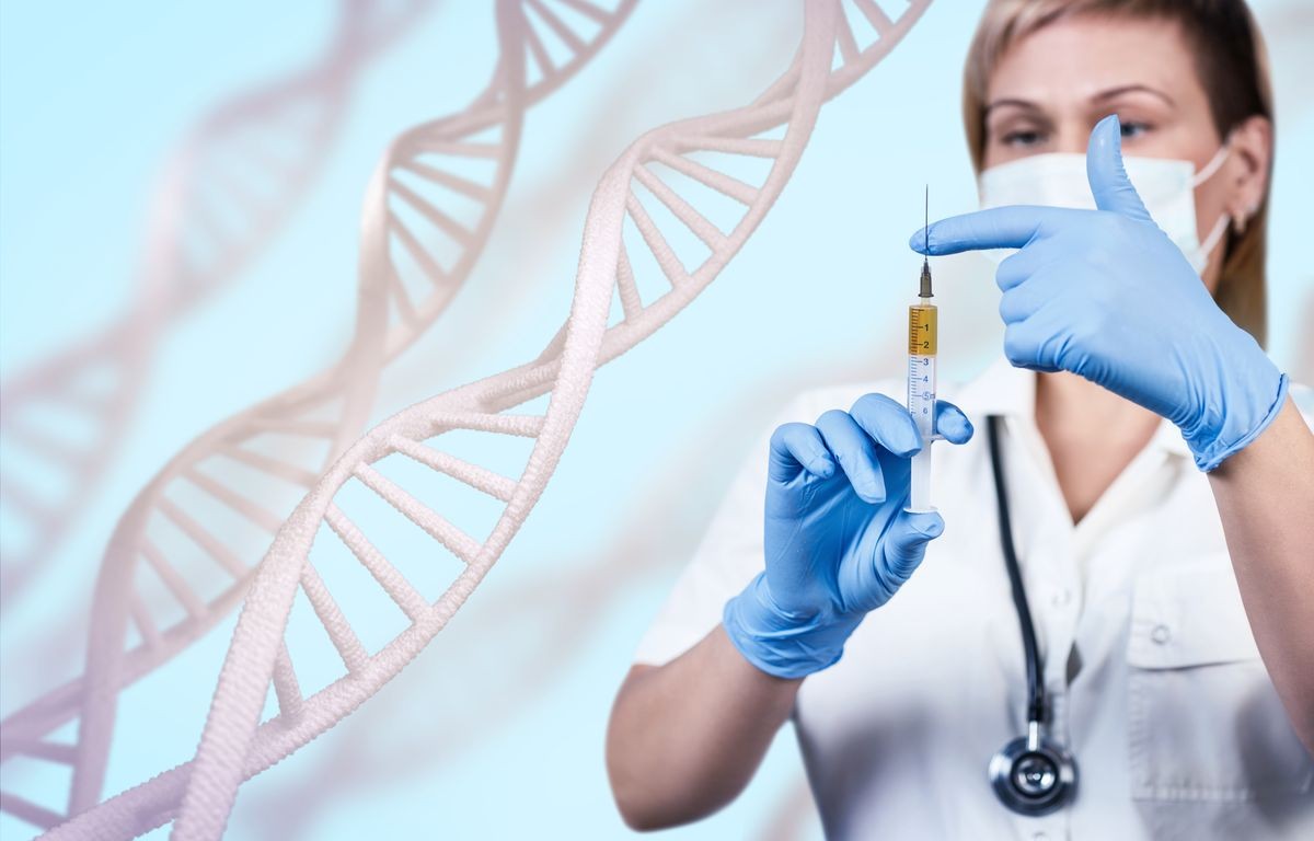 Woman science technologist with syringe in laboratory among DNA chains. Over blue background.
